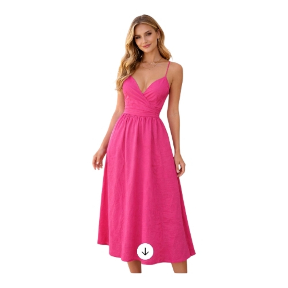 Sleeveless Pink V-Neck Midi Dress with Spaghetti Straps SunDress - Picture 2 of 5